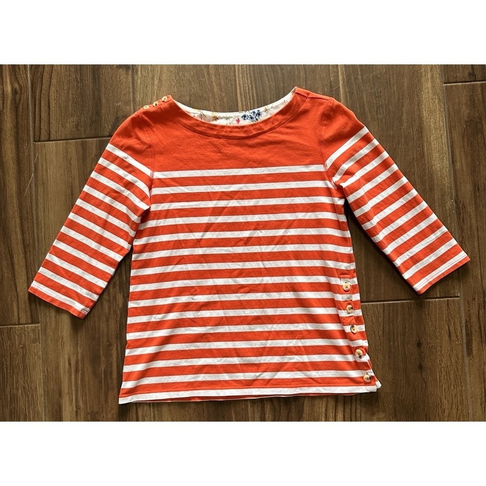 Maeve Anthropologie Bonnie Boat Neck Striped‎ Orange White 3/4 Sleeve Top Sz SM